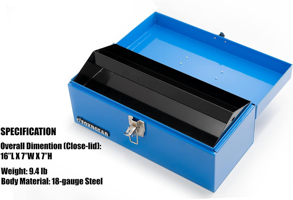 FOXNGEAR FOXNGEAR Heavy-duty 16" Portable Metal Toolbox with Hand Carry-Blue